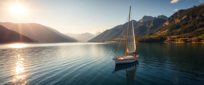 Austrian lake sailboat, mountain backdrop, summer sun, serenity, green forest