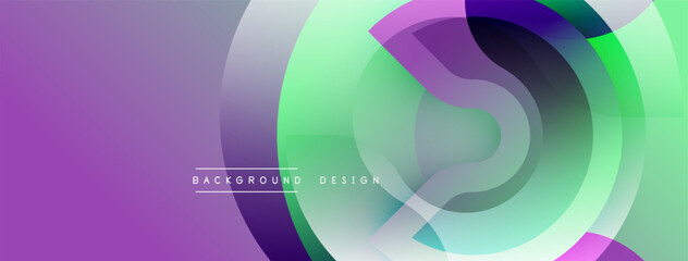 Abstract design features overlapping circles, gradients. Purple, green hues dominate composition. Modern aesthetic, simple text element present.