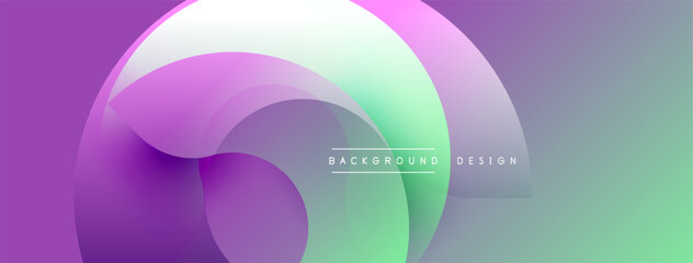 Abstract fluid shapes overlap, creating vibrant purple, green gradients. Modern design suggests dynamic movement, smooth transitions.