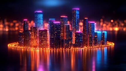 Fototapeta premium Futuristic Metropolis: A stylized depiction of a modern cityscape at night, illuminated with vibrant neon lights and sleek architectural design.