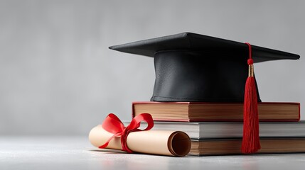 Black and white graduation cap with red ribbon on books - Minimalist academic achievement symbol with oversized diploma scroll, clean white background for education or motivational themes             