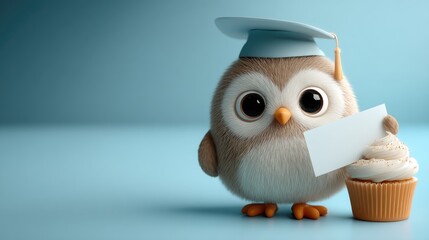 3D cute owl in graduation cap holding diploma - Champagne cupcake and blank card on light blue background, ideal for graduate party invitation or poster template design
