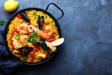 Seafood paella delicious dish close up