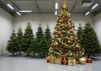 Selection of christmas trees with a decorated tree and gifts in a warehouse