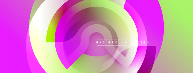 Abstract vibrant design. Overlapping circles create dynamic gradient effect. Pink, green, purple hues dominate composition. Modern visual element.