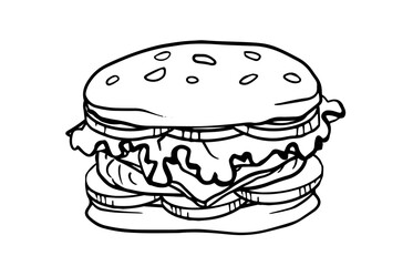 burger with onion, cheese, pickles, cutlet; linear doodle illustration for sandwich menu, food, icons, packaging, social media design.