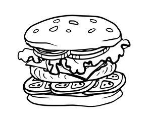 burger with cheese, onion, cutlet, tomatoes, lettuce, hamburger hand drawn vector illustration sketch retro style. linear trendy illustration