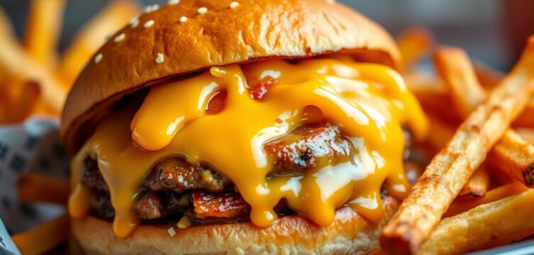 Close-up of greasy fries and burger, overflowing with cheese, greasy, restaurant