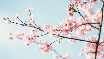 Delicate pink cherry blossom branches in full bloom against a soft blue sky, sky, soft