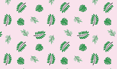 Tropical Green Leaf Seamless Pattern on Pink Background