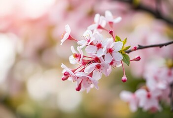 Delicate pink cherry blossom branch, soft focus, gentle light, texture, culture