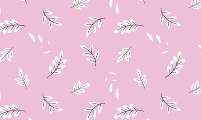 White Leaf Seamless Pattern on Pink Background