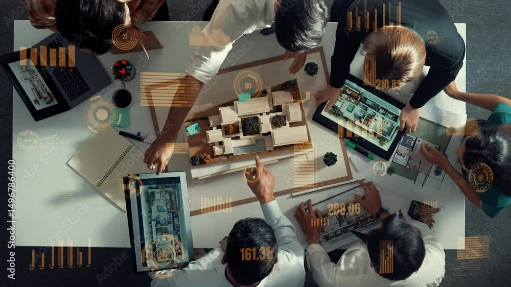 Aufkleber top view of engineer architect team looking at model and talking about financial chart or investment
