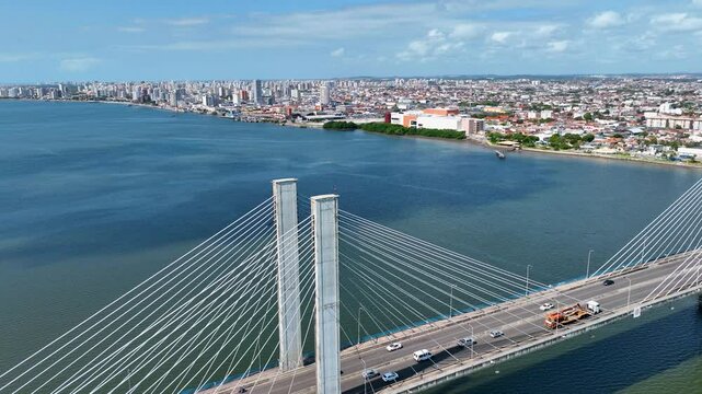 Cable Bridge In Aracaju Sergipe Brazil. Cars Driving Towards Downtown City On The Famous Bridge. Business Sky Downtown Cityscape. Outside Downtown Panorama. Aracaju Sergipe.