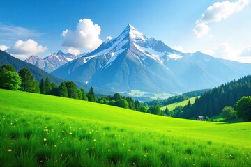 A serene landscape with a balanced view of a lush green field and a majestic mountain range in the background, symbolizing wealth and environmental harmony , finance, abundance, peace