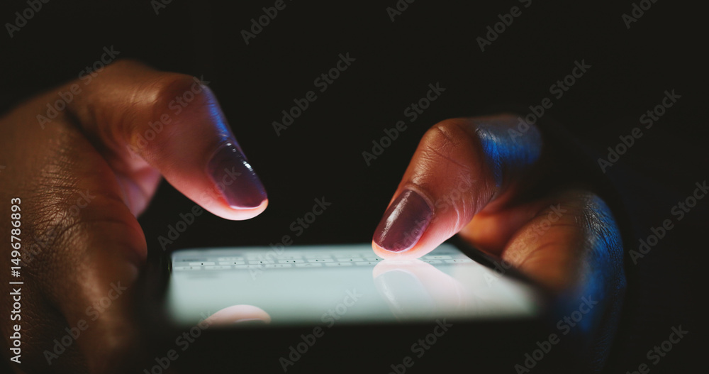 Poster night, business and woman with smartphone, hands and typing with message to contact. closeup, person