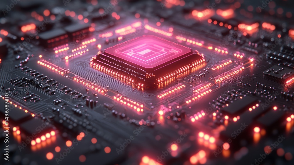 Poster cybernetic circuitry: a captivating macro shot reveals an intricate computer chip, its network of ci