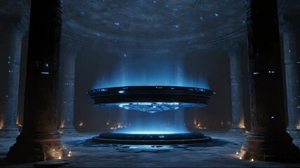Ancient artifact levitates in glowing chamber of blue light. artifact radiates alien power, combining mysticism with advanced technology. artifact remains untouched, suspended in timeless stillness.
К