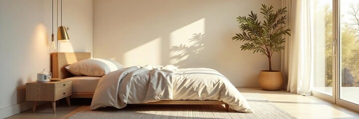 Serene bedroom interior, featuring soft lighting, neutral tones, and minimalist decor  Perfect for relaxation and peaceful sleep  Creates a calming and tranquil atmosphere ,  furniture,  window