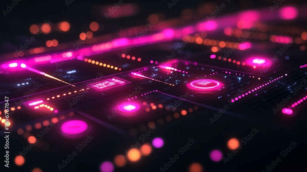 Poster cybernetic circuitry: an abstract digital display of luminous neon-lit circuitry, with an artistic e