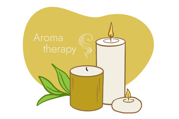 Set of scented candles, different shapes. set of accessories for aromatherapy, wellness, spa, massage theme. hand drawn illustration for banner, poster, gift card design, postcard