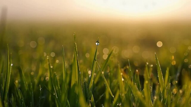 The grassland under the rising sun is dotted with glistening dewdrops.
