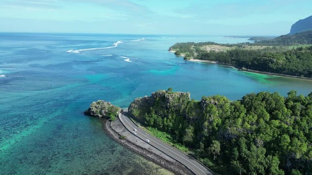 Maconde Viewpoint In Port Louis Mauritius Island Mauritius. Stunning Tropical Coastline Beach Scene Viewed From Above. Coast Clouds Sky Seaside Summertime. Coast Panning Wide.