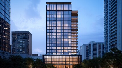 Modern glass high-rise building illuminated at dusk, surrounded by other skyscrapers and cityscape.