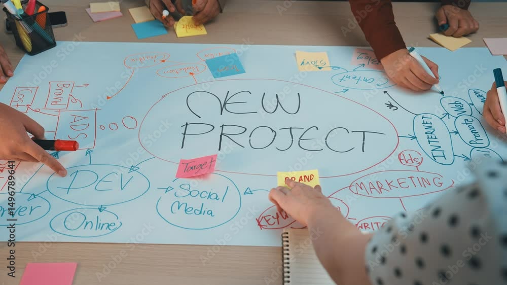 Poster a vibrant workspace scene showing hands actively engaged in brainstorming for a new project. sticky 