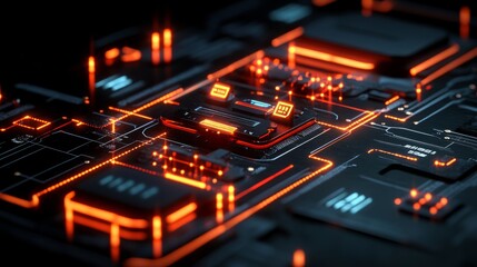 Fototapeta premium Circuitry Glowing: A close-up, abstract view of a high-tech circuit board, with glowing, orange neon lines connecting intricate, integrated components. An artistic.