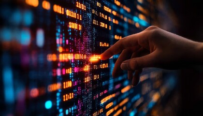 A human hand makes contact with a wall of luminous binary code.