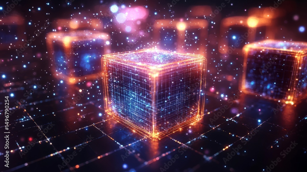 Poster digital realm: a stunning digital rendering showcasing interconnected glowing cubes in a futuristic 