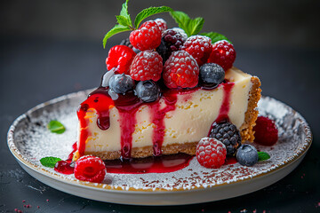 A decadent slice of cheesecake topped with fresh berries and drizzled with caramel sauce, generative ai