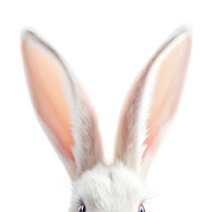 Close up of white rabbit ears against a black background, visible eyes too