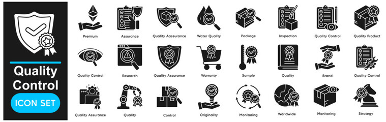 Quality Control Vector Icons Collection related to Premium, Assurance, Quality Assurance, Water Quality, Package, Inspection.