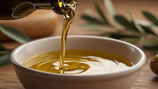 Close-up of golden virgin olive oil (cooking oil, sunflower oil, vegetable oil), pouring from dark glass bottle. Slow motion, healthy food