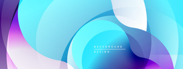 Abstract fluid shapes, vibrant blues, purples, whites create dynamic background. Smooth gradients suggest movement, depth.