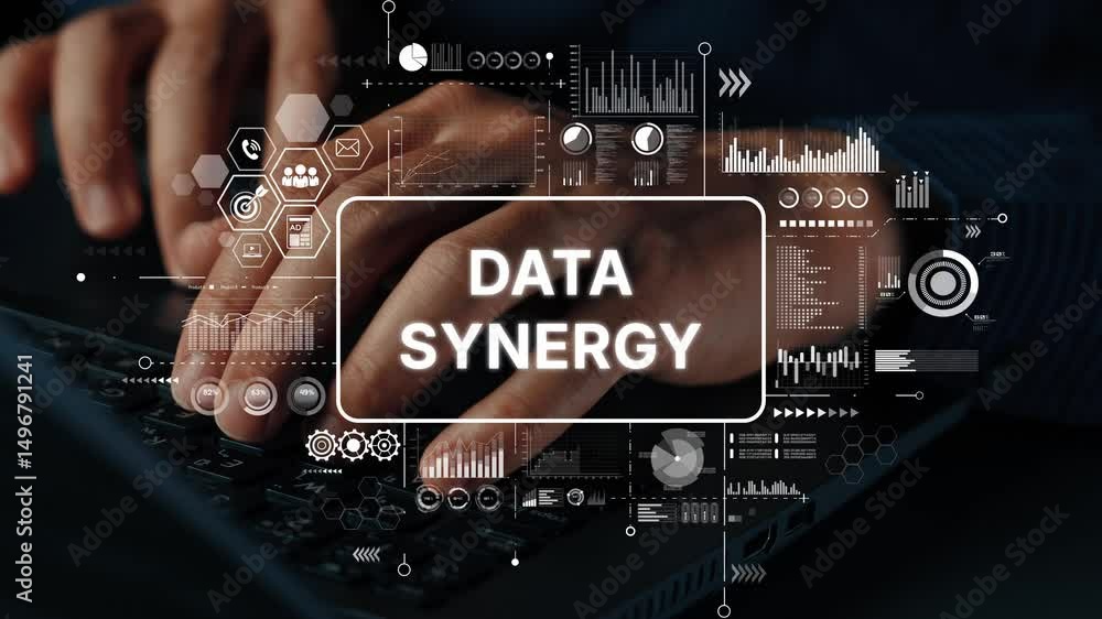 Poster Hands Typing on Keyboard with Data Synergy Concept Graphics Illustrating Digital Technology and Analytics. Asymptotic smart data analytic.