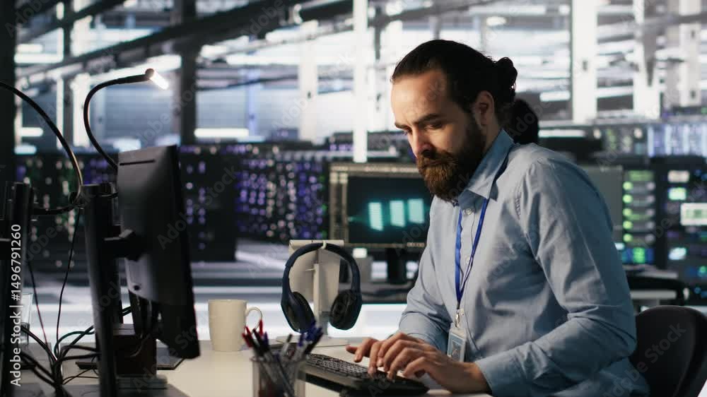 Poster panicked engineers in data center react to ransomware warning on pc display, scrambling to launch em