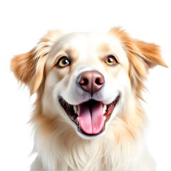 Close up portrait of a happy golden retriever dog with mouth open smiling