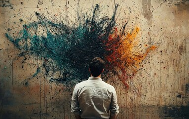 Obraz premium A man grapples with complex problem-solving in a chaotic mental landscape.