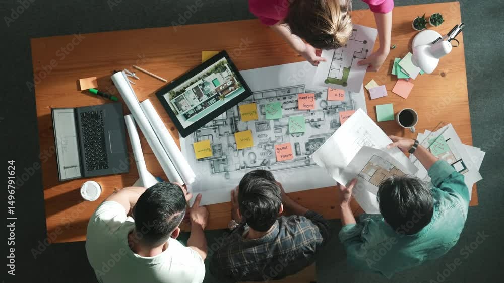 Poster top down view of manager working together while looking at blueprint. aerial view of architect engin