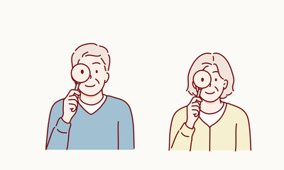 Plakat Elderly Man and Woman Reading with Magnifying Glass. Hand drawn style vector design illustrations.