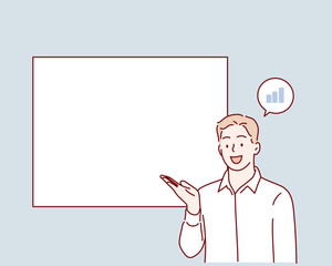 Business man Pointing at Empty Space. Hand drawn style vector design illustrations.