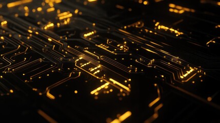 Glowing golden circuitry, intricate pathways on dark background