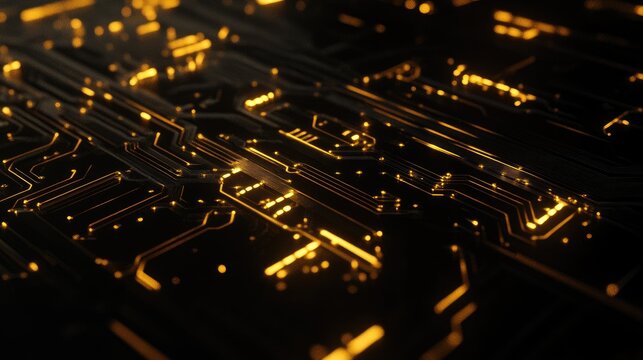 Glowing golden circuitry, intricate pathways on dark background