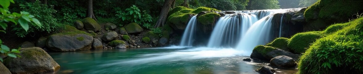 Serene waterfall cascading over mossy rocks, creating a tranquil and peaceful atmosphere perfect for relaxation and meditation  The misty spray adds to the calming ambiance ,  forest,  river