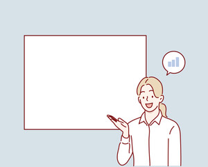 Businesswoman Pointing at Empty Space. Hand drawn style vector design illustrations.