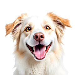 Close up portrait of a smiling white and tan dog with a pink tongue out