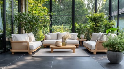 Stylish indoor seating area with natural light and greenery in a cozy modern setting